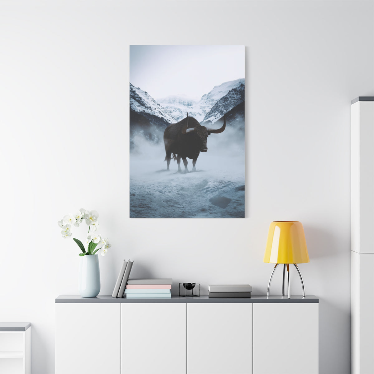 Lone Bull in Snowy Mountain Valley Wall Art & Canvas Print