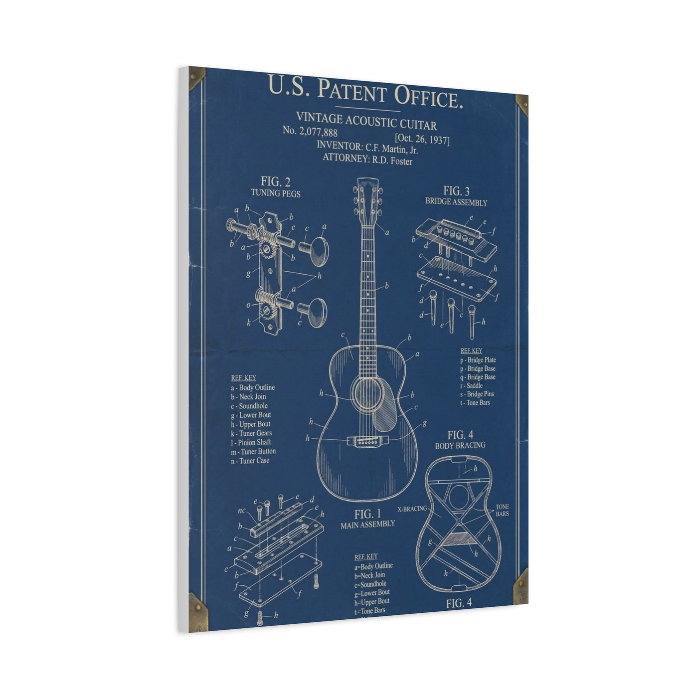 Vintage Acoustic Guitar Patent Blueprint Wall Art & Canvas Print