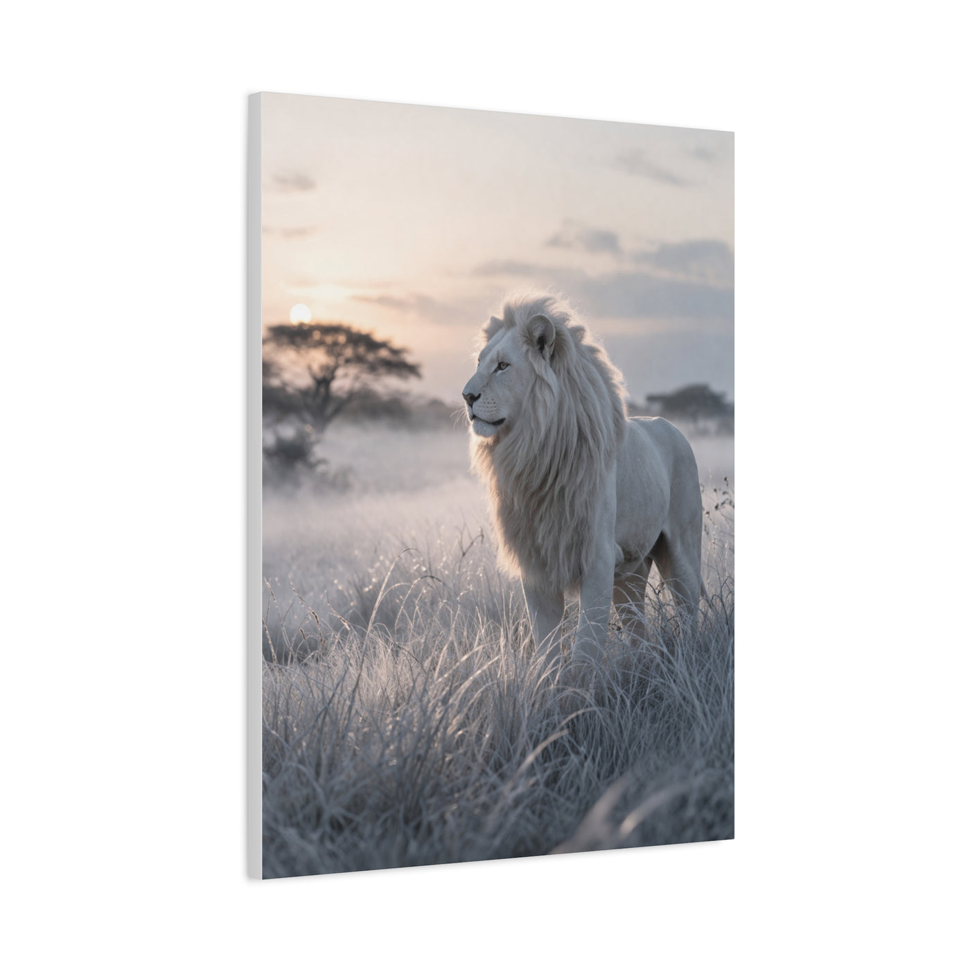 White Lion in Misty Savanna Dawn Wall Art & Canvas Print