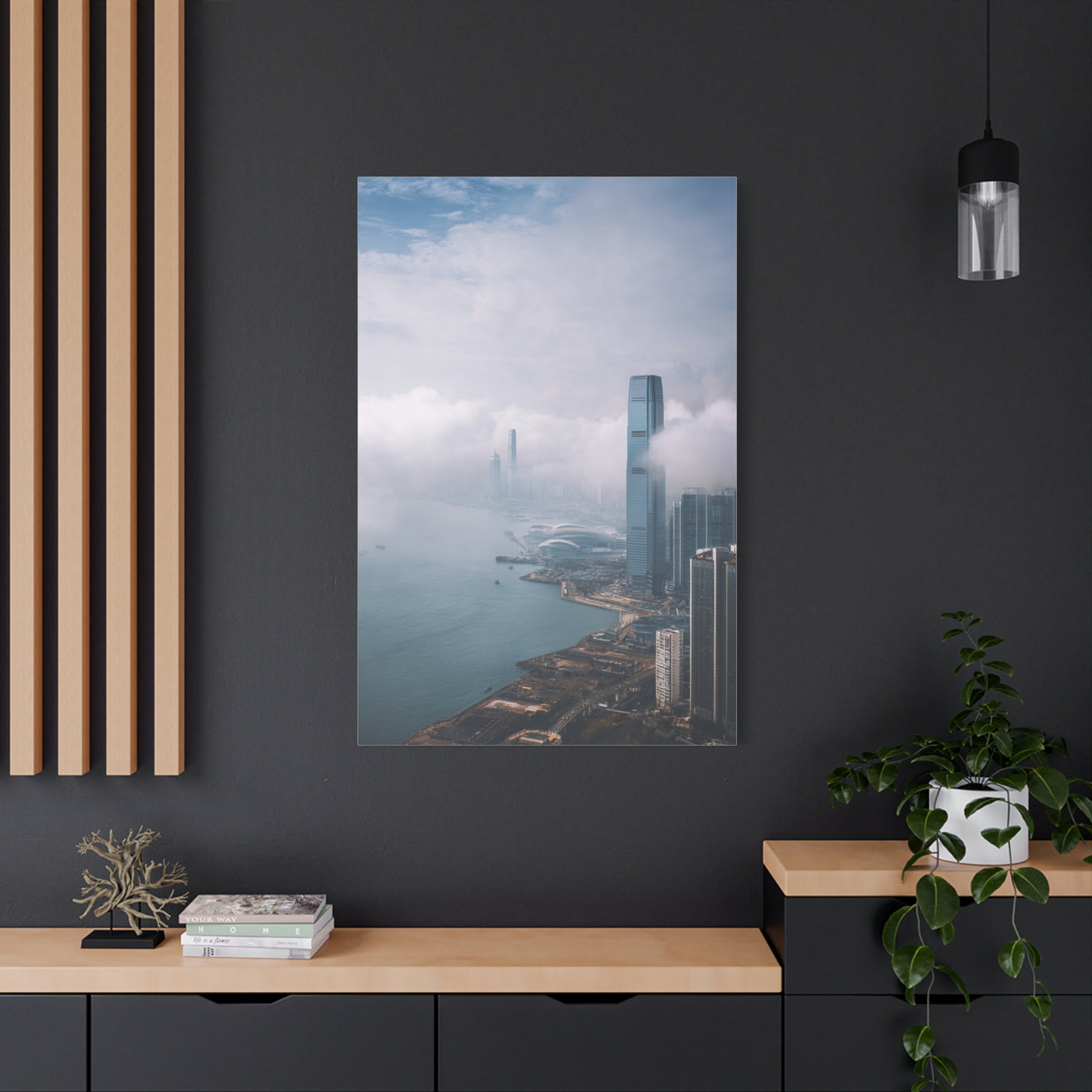 Hong Kong Foggy Harbor Skyline Wall Art & Canvas Print