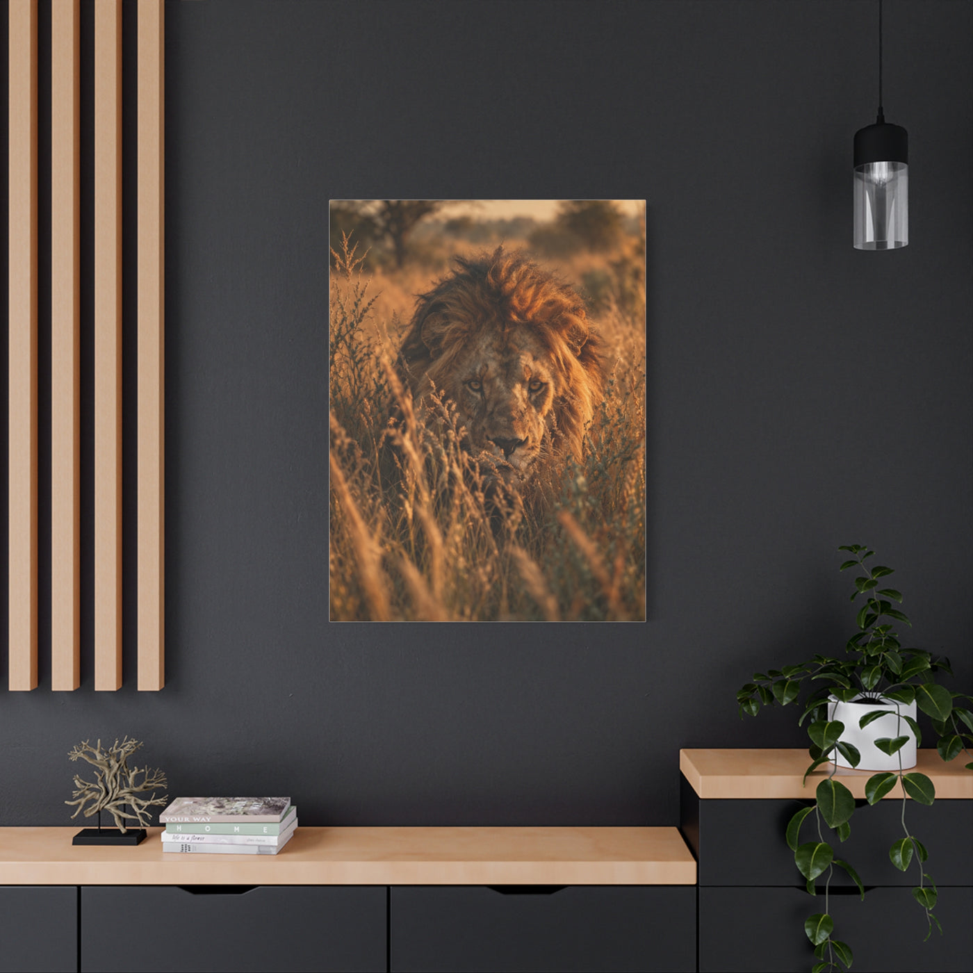 Lion Stalking Through Savannah Grass Wall Art & Canvas Print