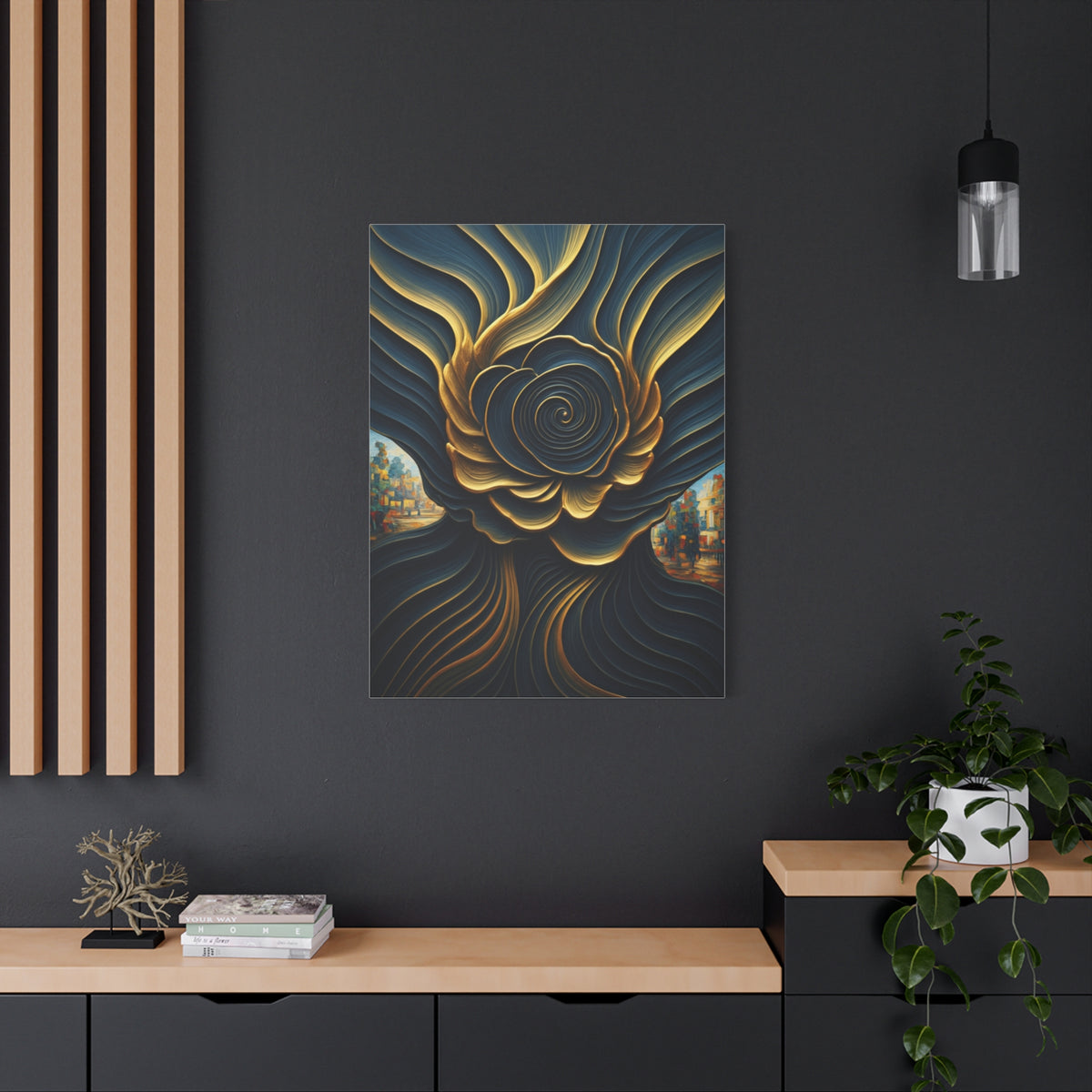 Golden Midnight Spiral Bloom Wall Art & Canvas Prints
