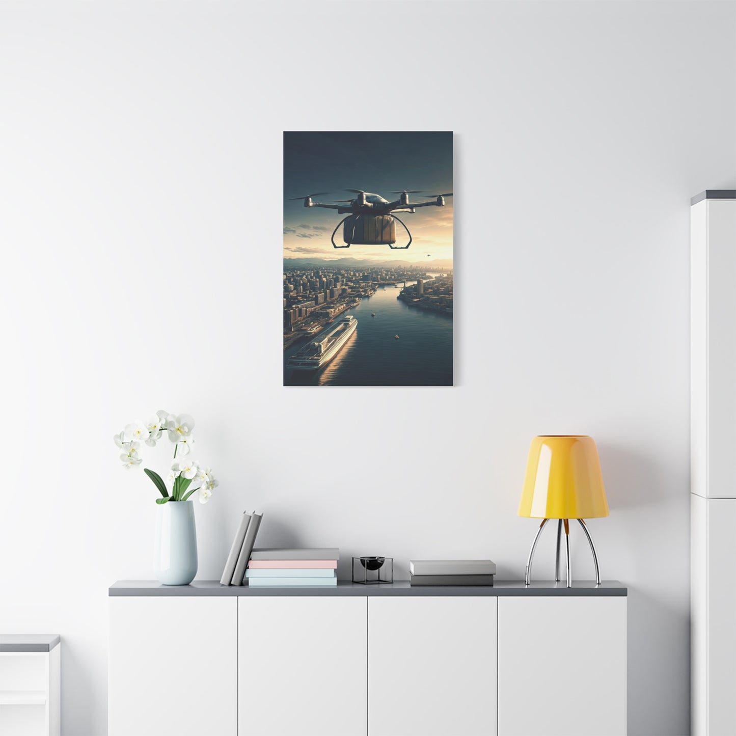 Futuristic Delivery Drone Over City Wall Art & Canvas Prints