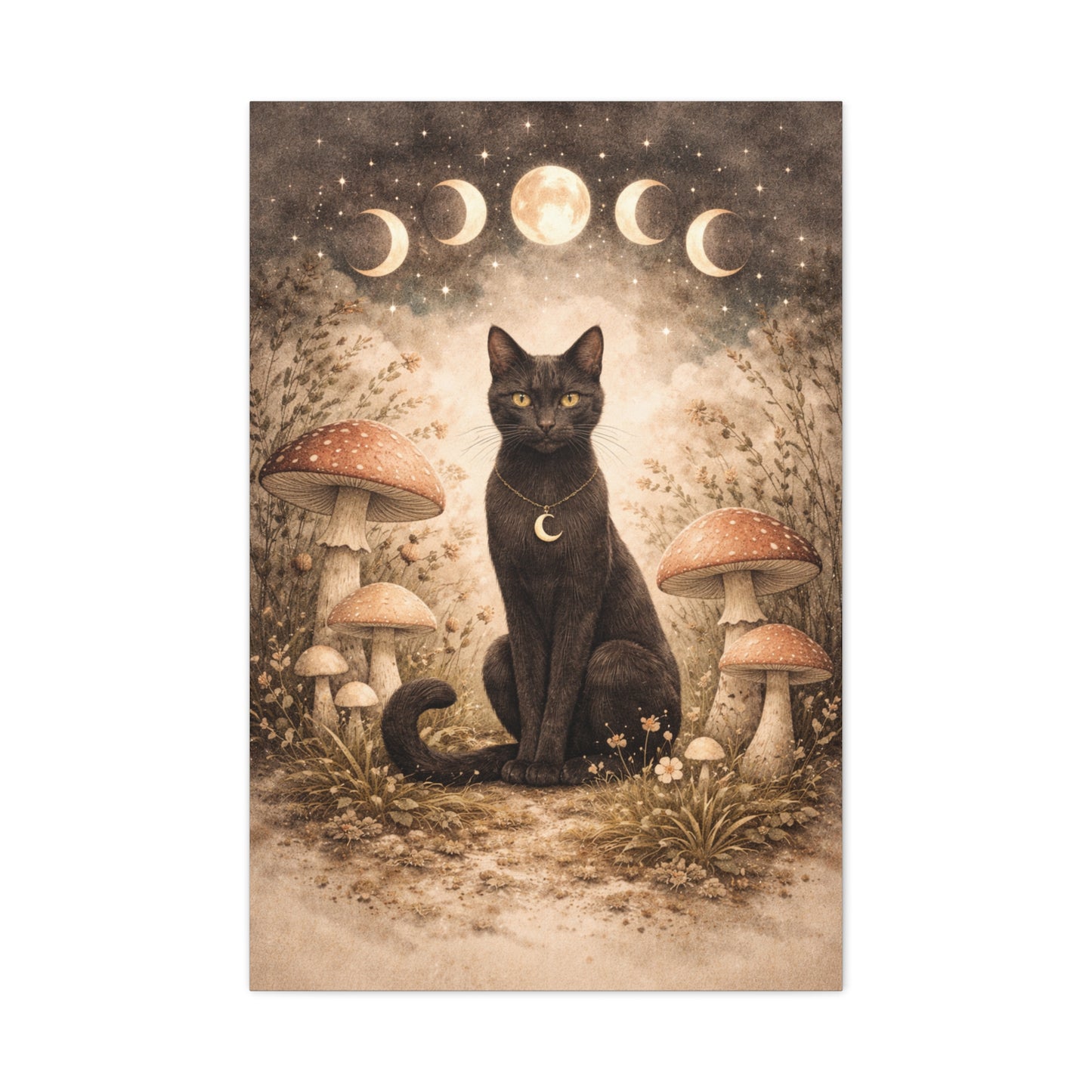 Mystical Boho Black Cat and Mushroom Night Scene Wall Art & Canvas Print