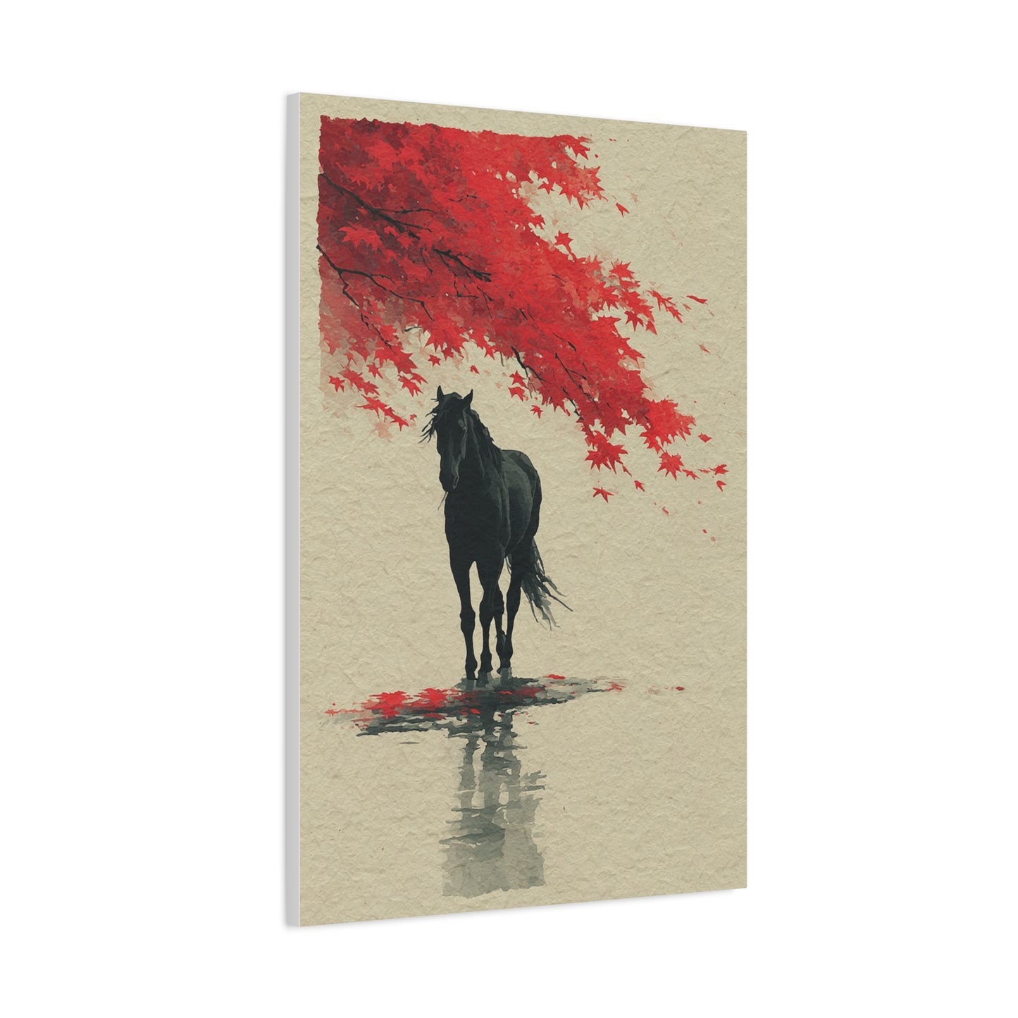 Minimal Horse Silhouette Under Red Maple Wall Art & Canvas Print