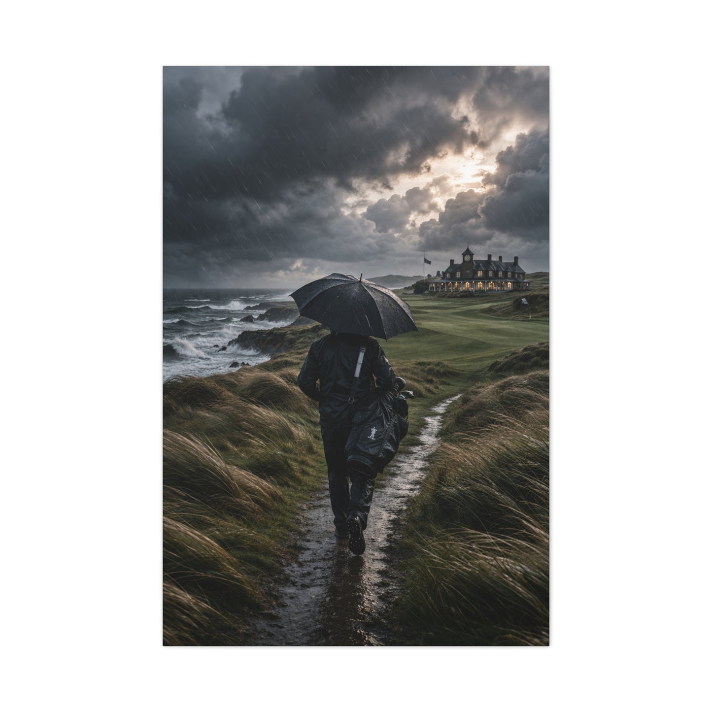Stormy Seaside Golfer Journey Wall Art & Canvas Print