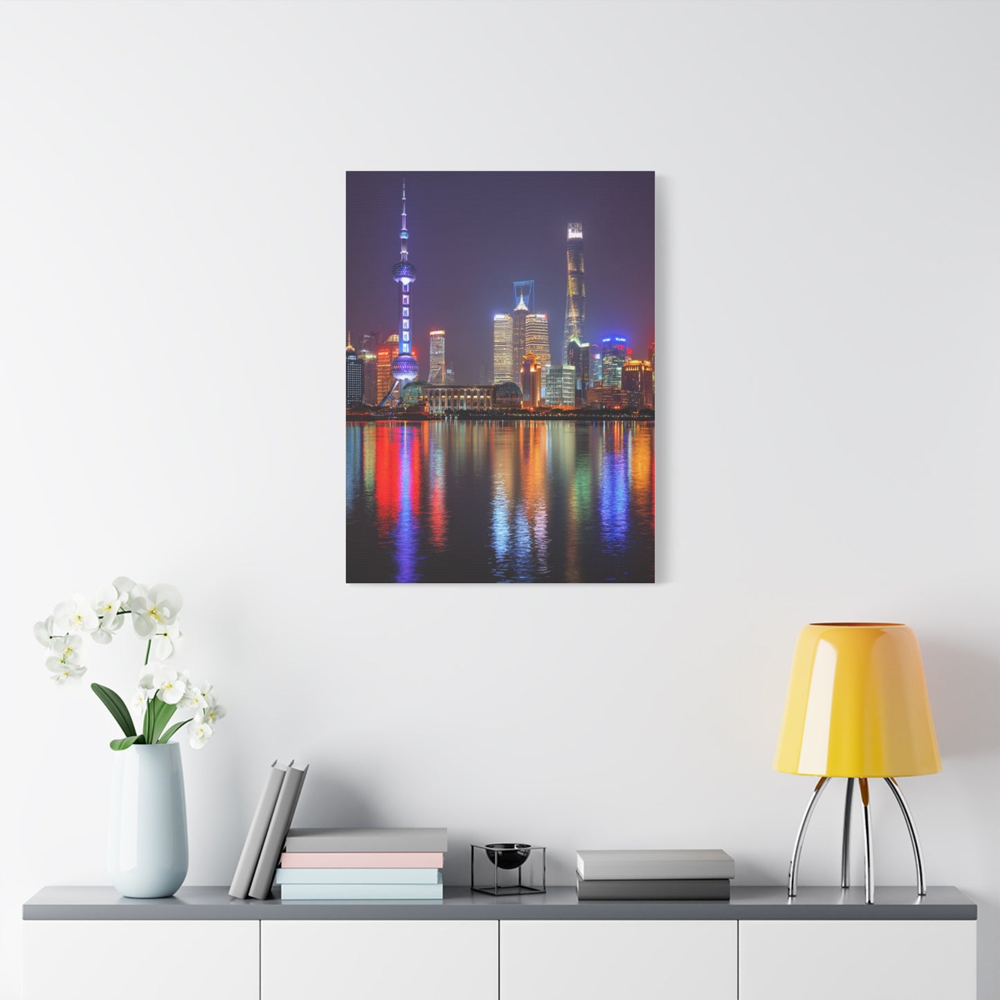 Shanghai Skyline Night Reflections Wall Art & Canvas Print