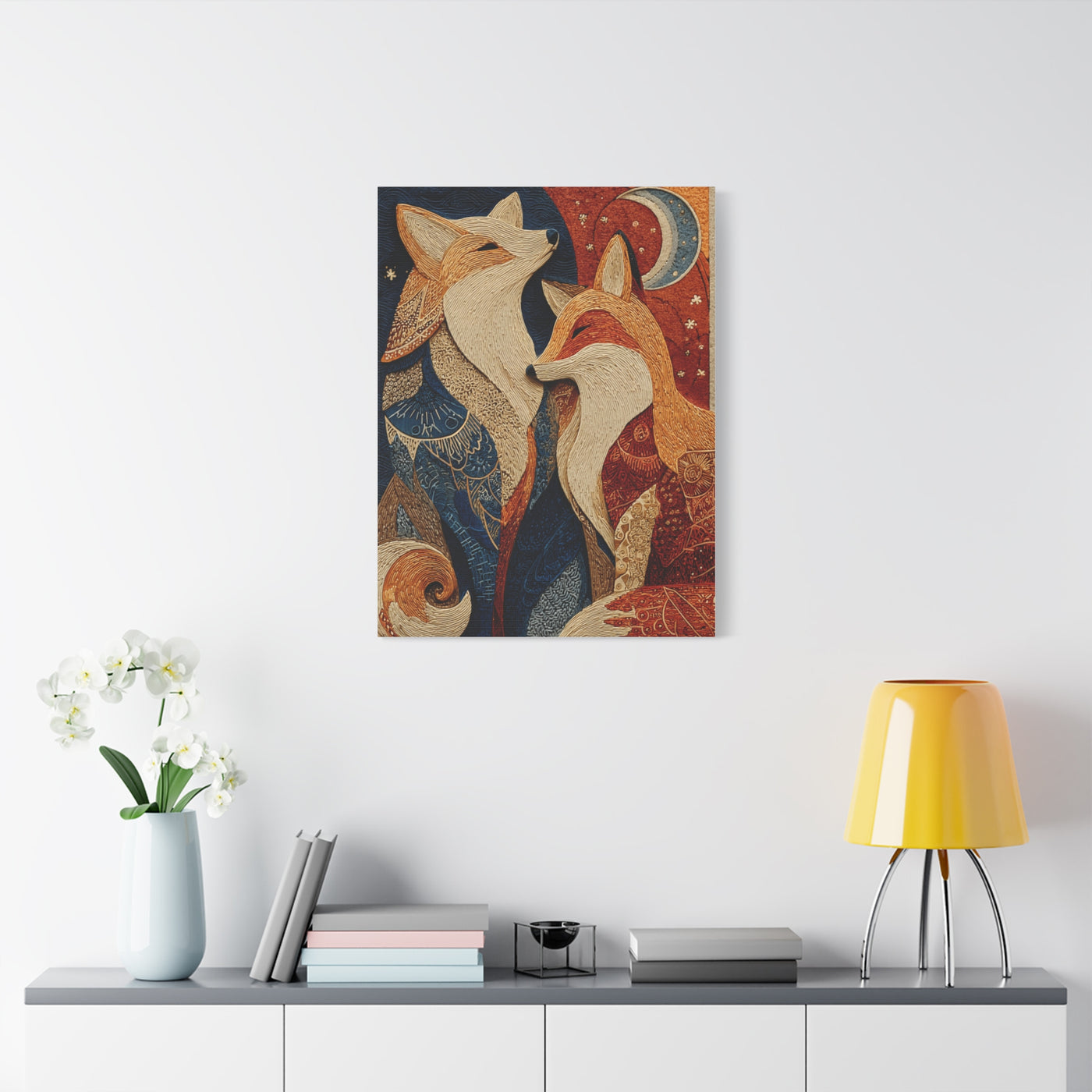 Folk Twin Foxes Celestial Linocut Wall Art & Canvas Print