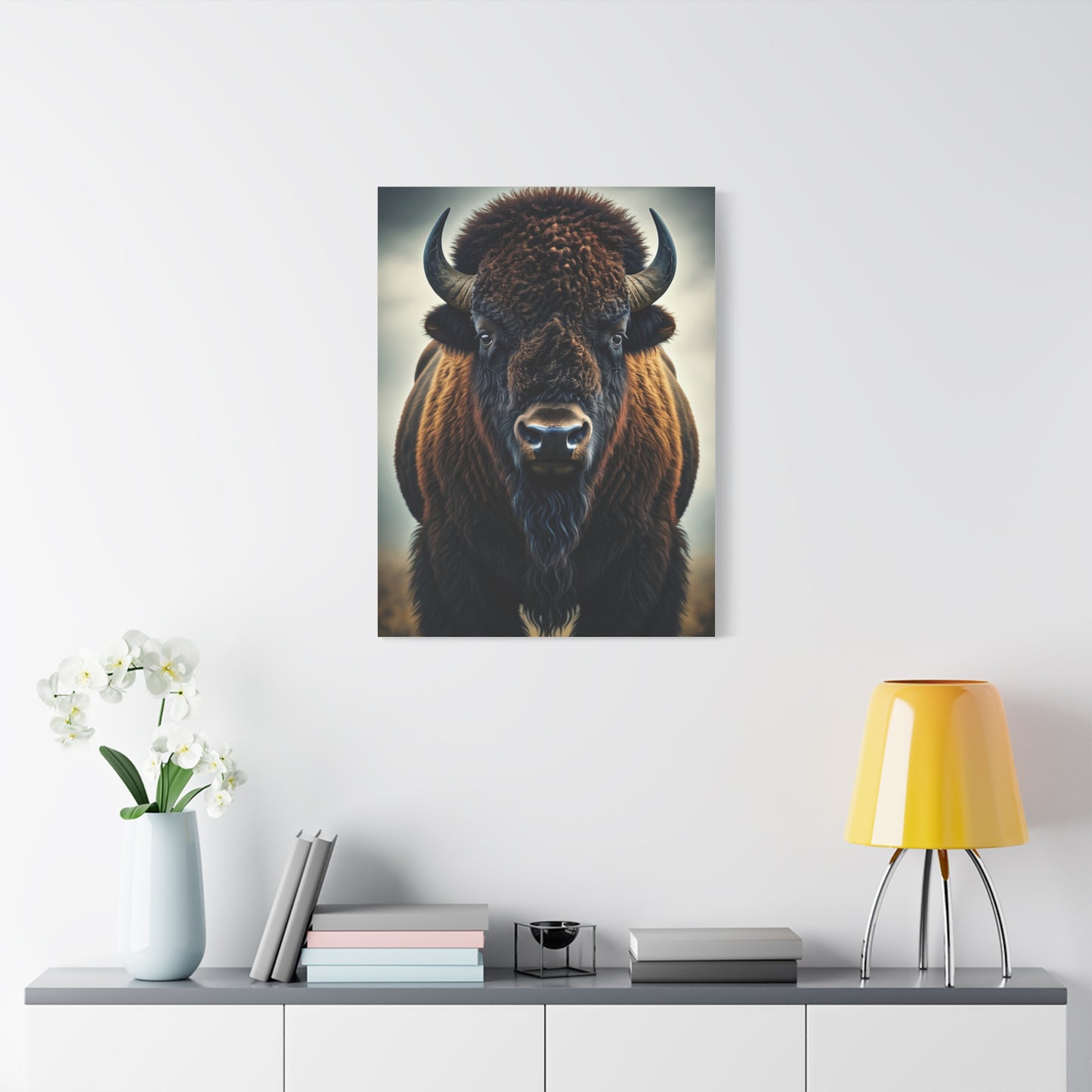 Symmetrical American Bison Portrait with Dramatic Overcast Lighting Wall Art & Canvas Print