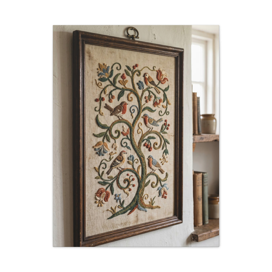 Framed Folk Tree Embroidery Study Wall Art & Canvas Print