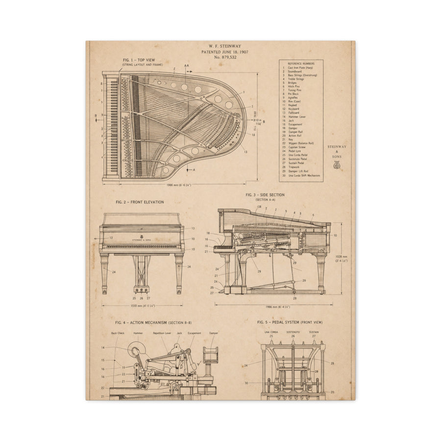 Steinway Grand Piano Technical Diagram Wall Art & Canvas Print