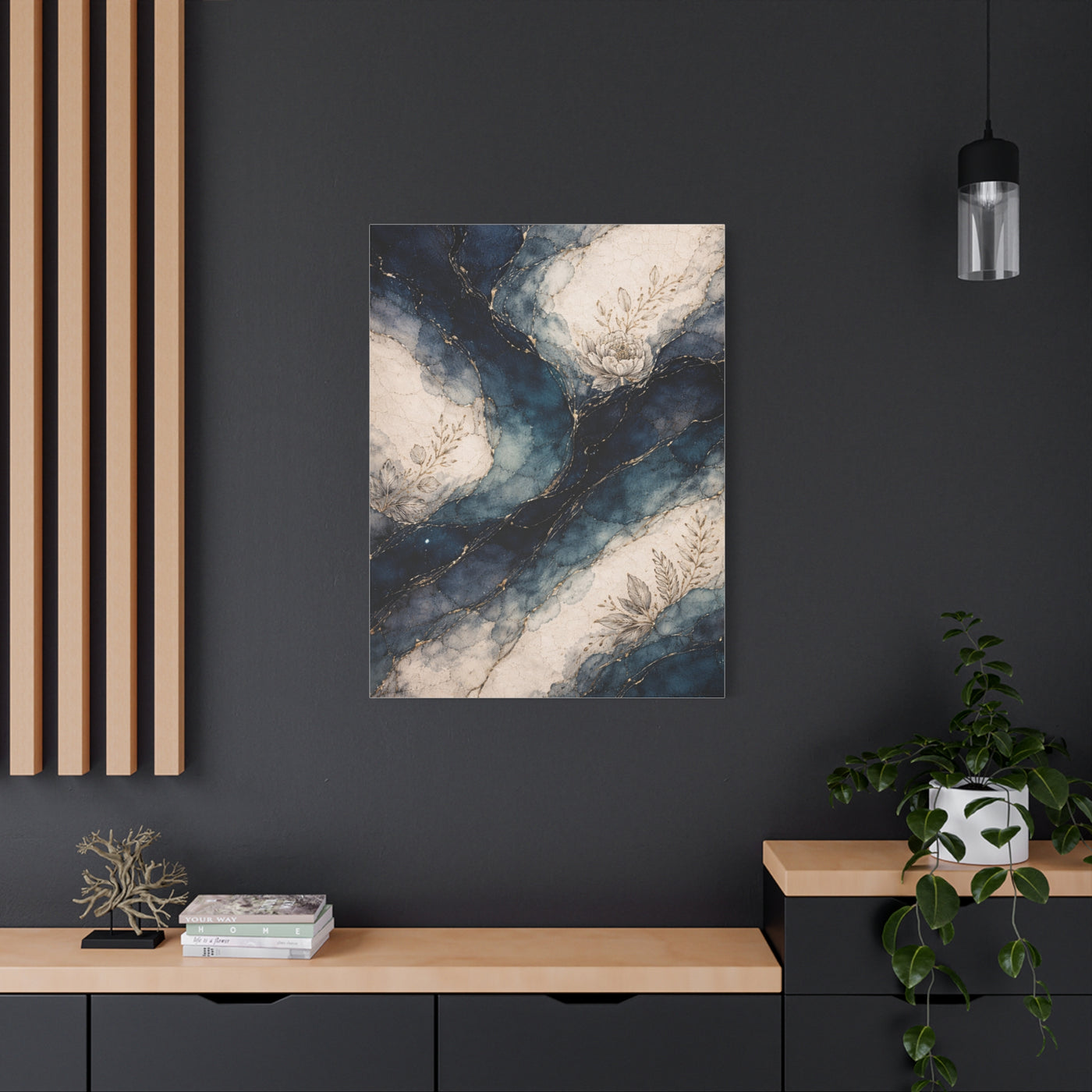 Navy Marble Botanical Flow Wall Art & Canvas Print