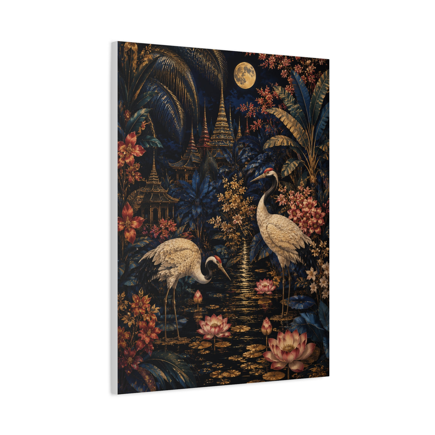 Moonlit Tropical Chinoiserie Crane Garden Tropical Wall Art & Canvas Print