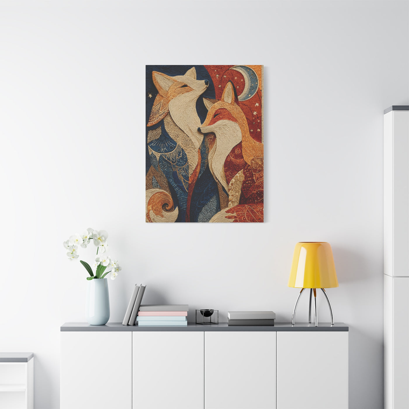 Folk Twin Foxes Celestial Linocut Wall Art & Canvas Print