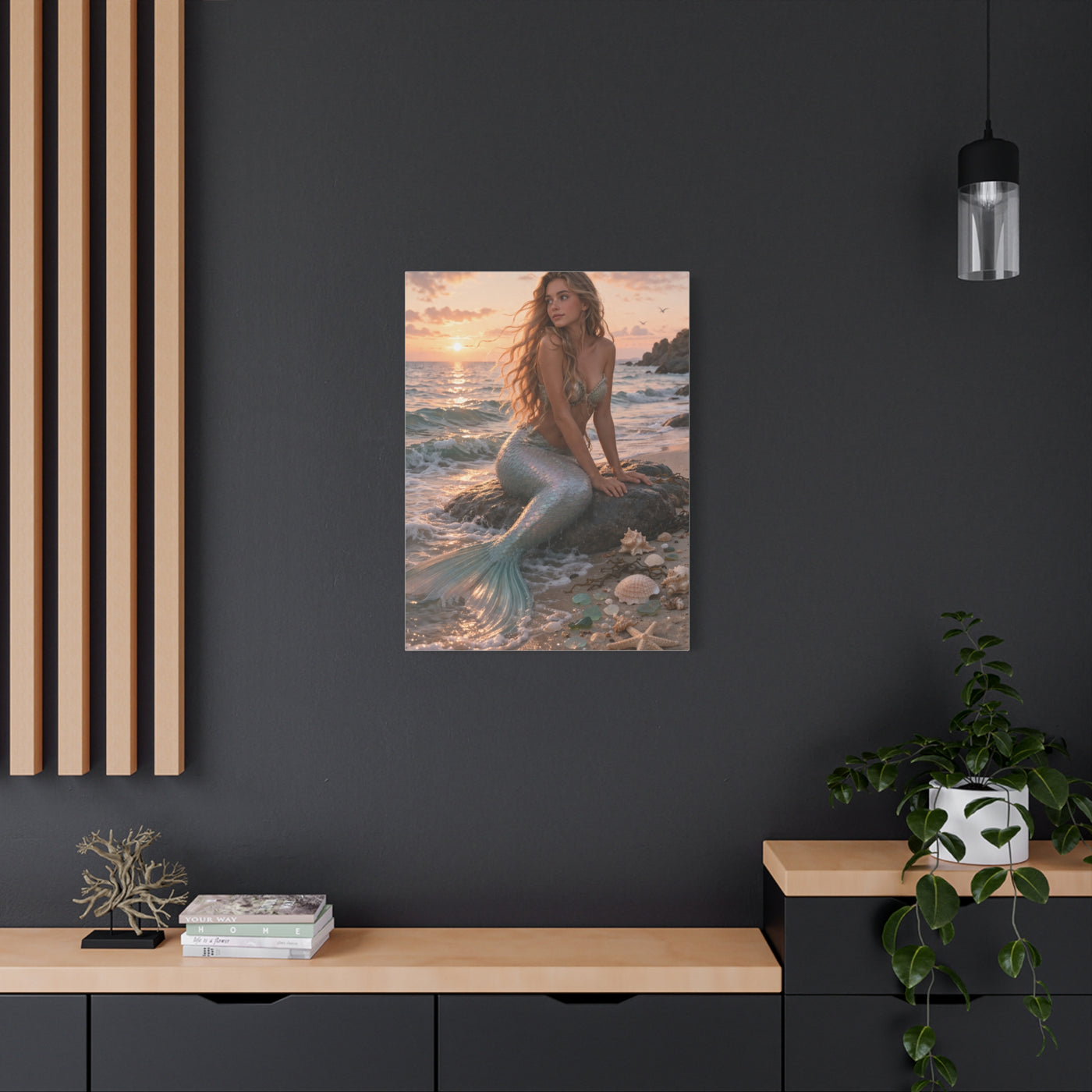 Golden Sunset Shore Mermaid Wall Art & Canvas Print