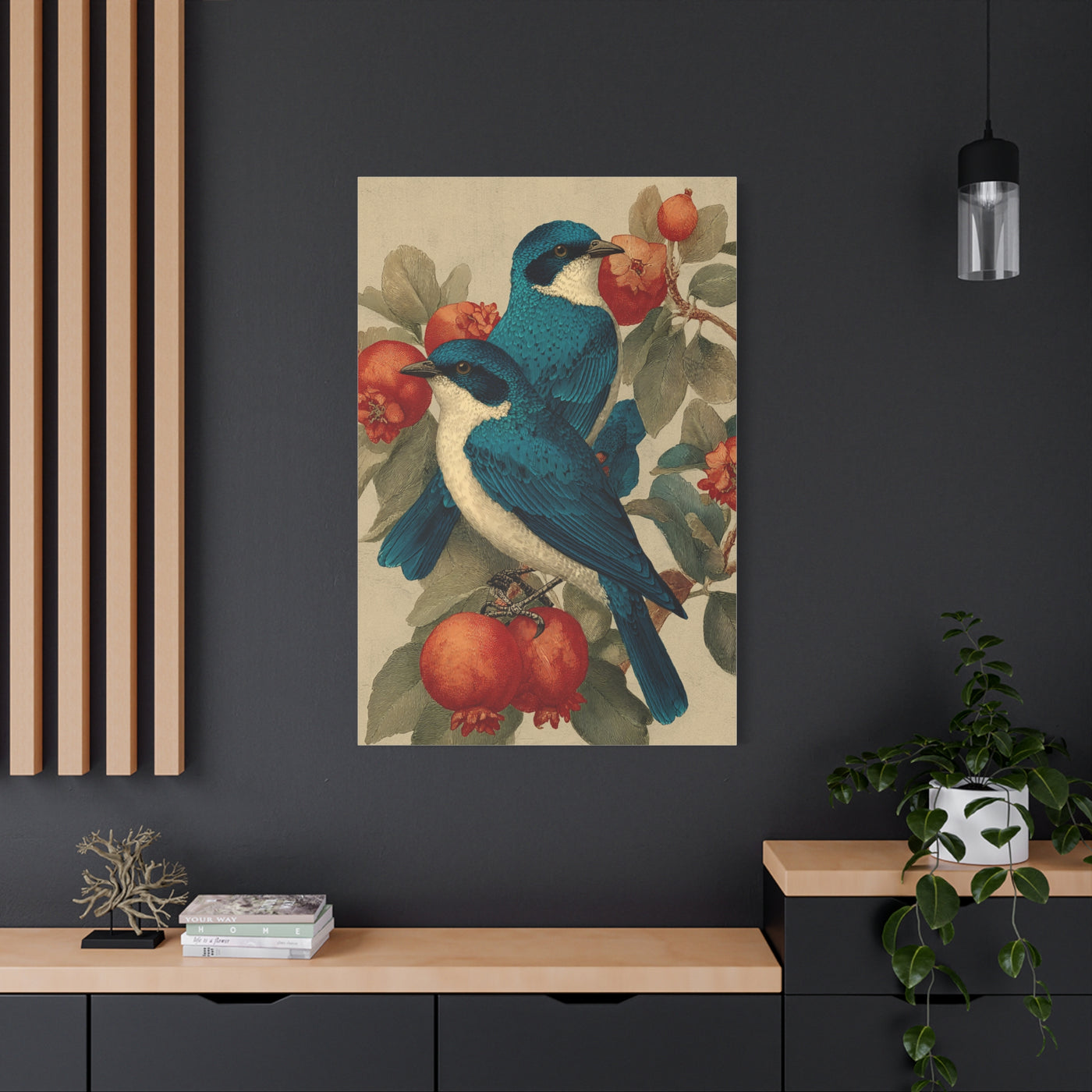 Blue Folk Birds Pomegranate Wall Art & Canvas Print