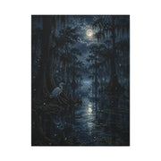 Moonlit Bayou Heron Scene Wall Art & Canvas Print