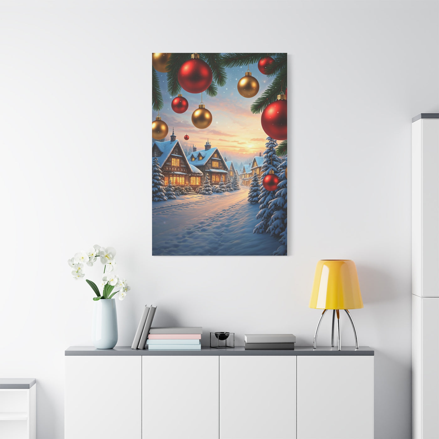 Snowy Christmas Village With Festive Ornaments Wall Art & Canvas Print