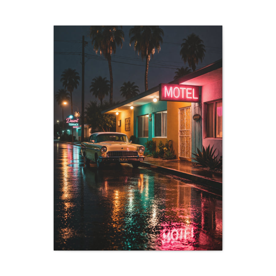 Neon Motel Night Reflection Wall Art & Canvas Print