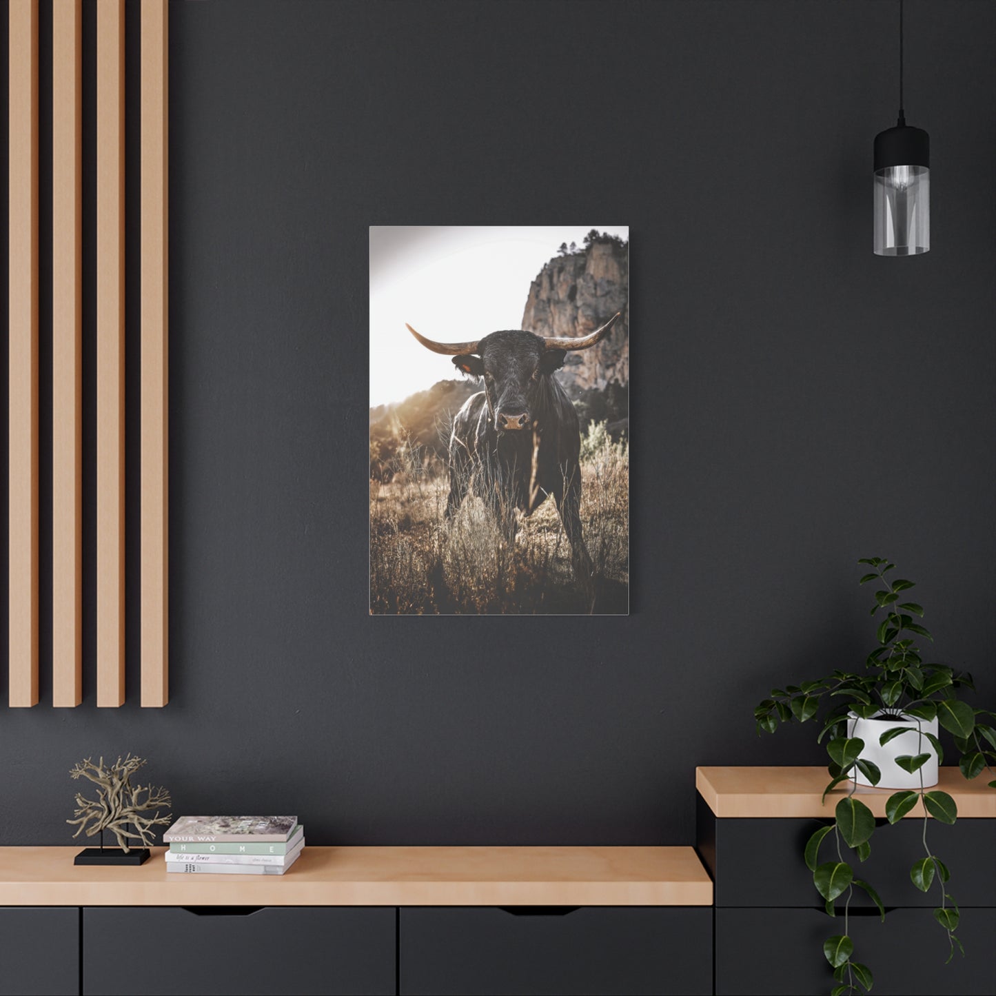 Mountain Cliff Bull Portrait Wall Art & Canvas Print