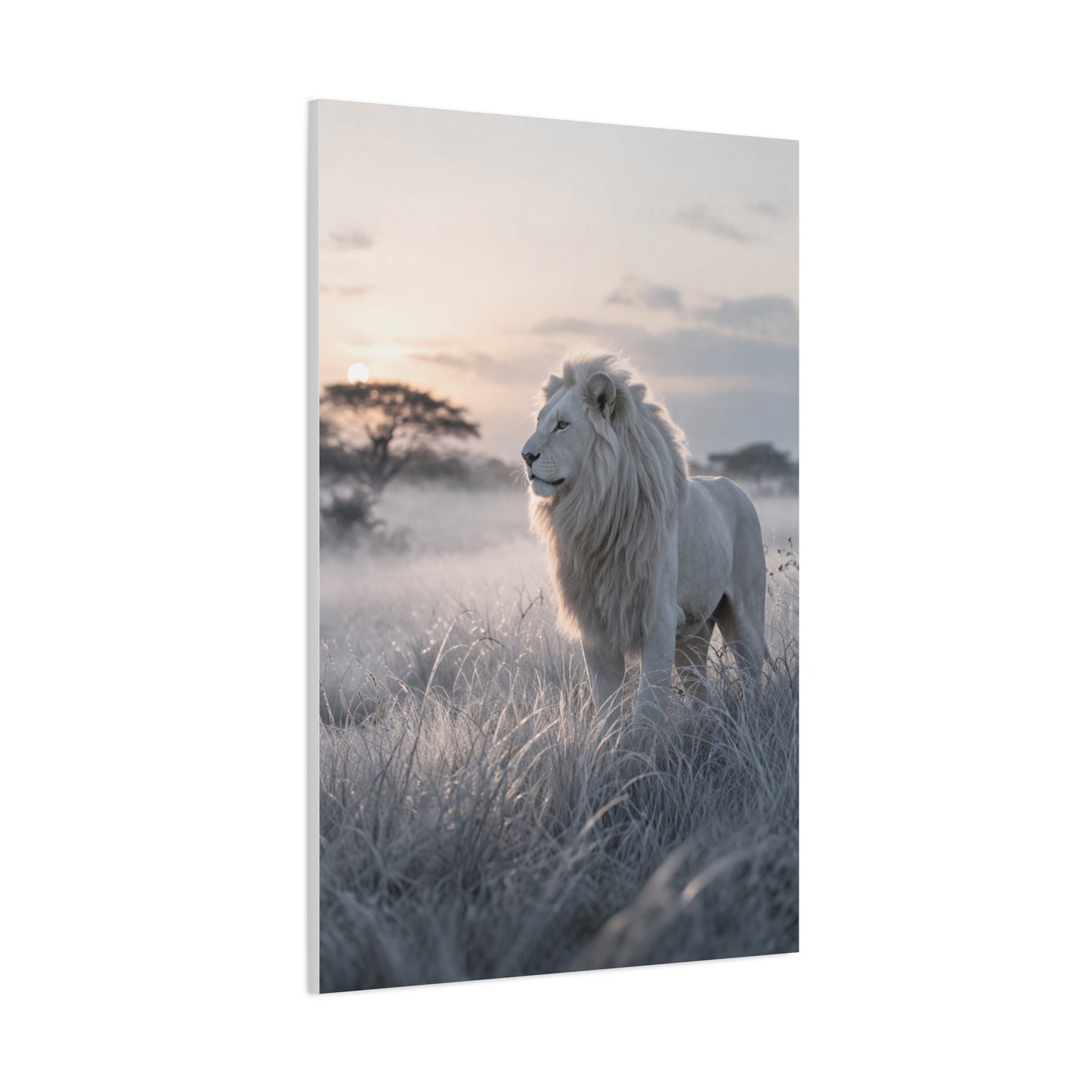 White Lion in Misty Savanna Dawn Wall Art & Canvas Print