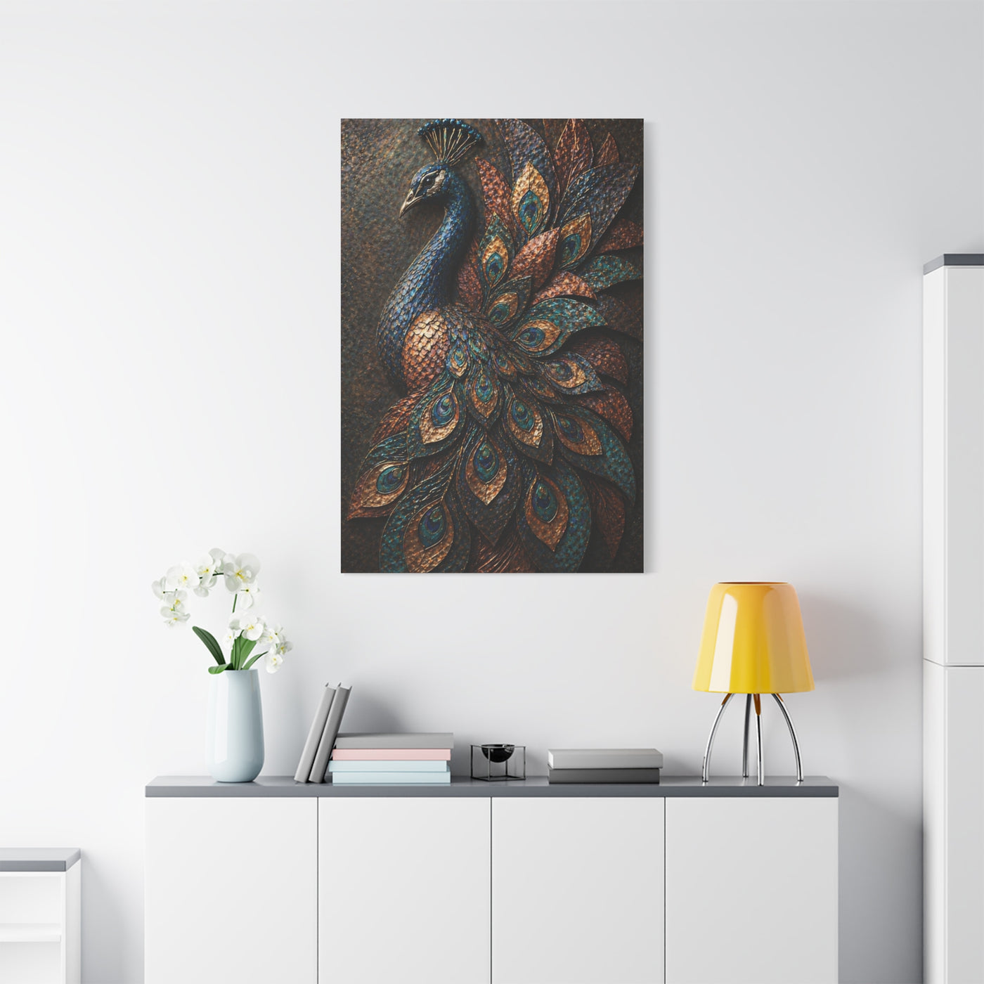 Sculptural Metal Peacock Relief Wall Art & Canvas Print