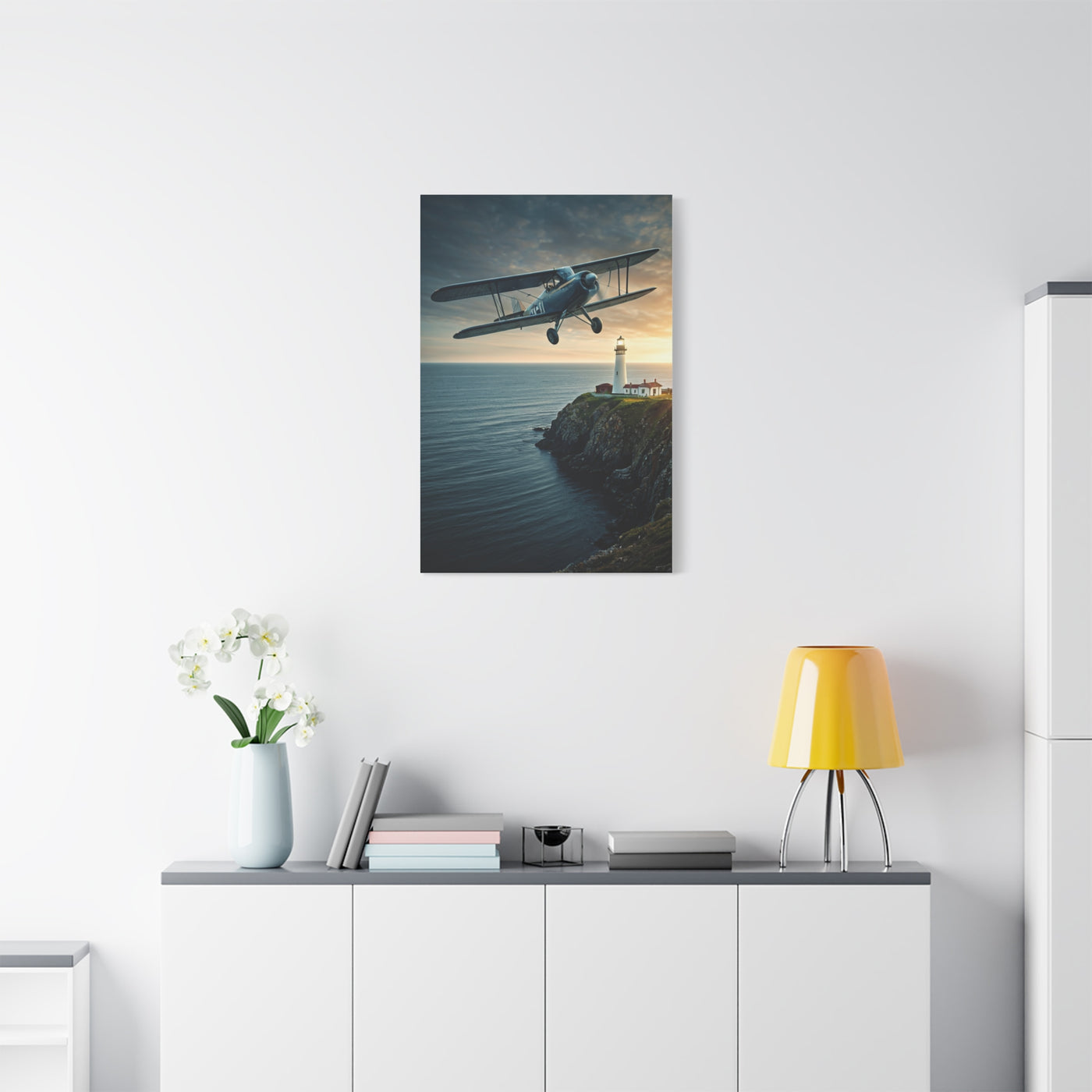 Coastal Biplane Over Lighthouse Horizon Wall Art & Canvas Prints