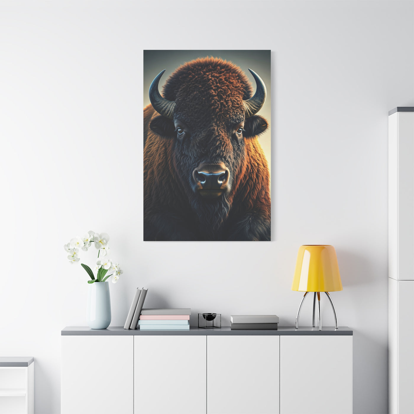 Classic Frontal American Bison Portrait with Soft Neutral Backdrop Wall Art & Canvas Print