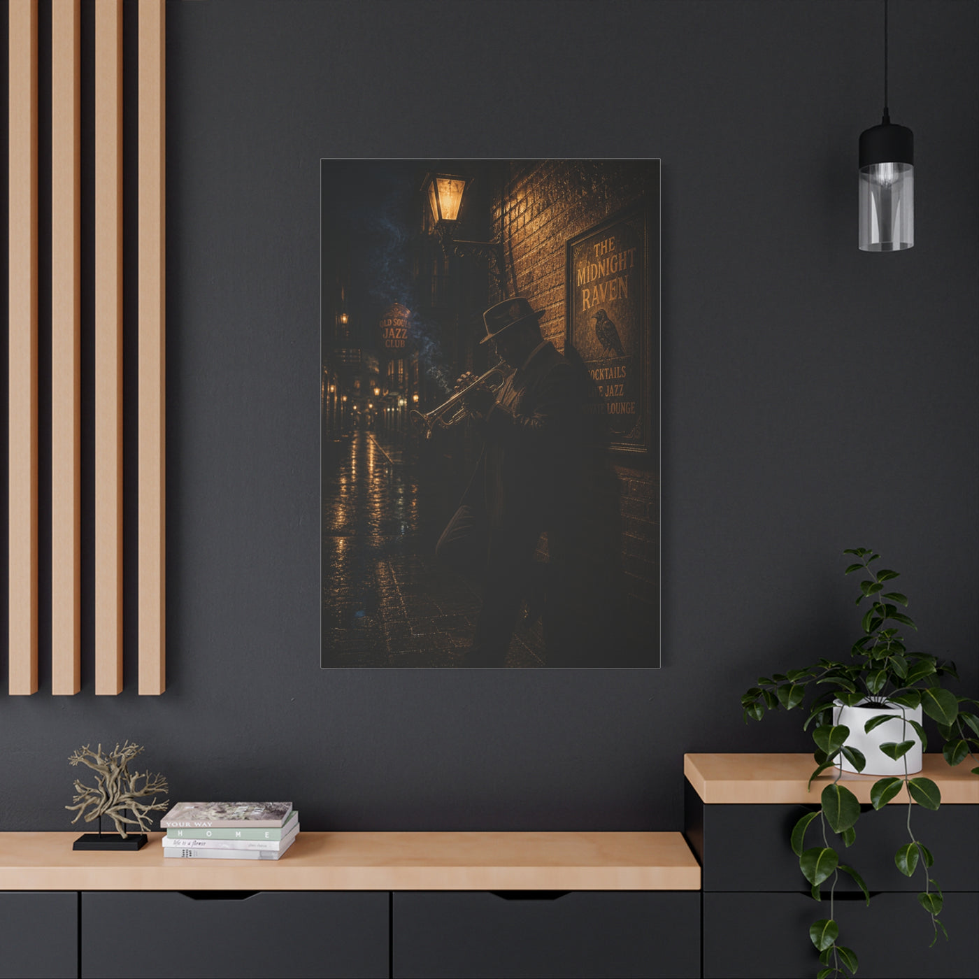 Midnight Jazz Alley Trumpeter Wall Art & Canvas Print