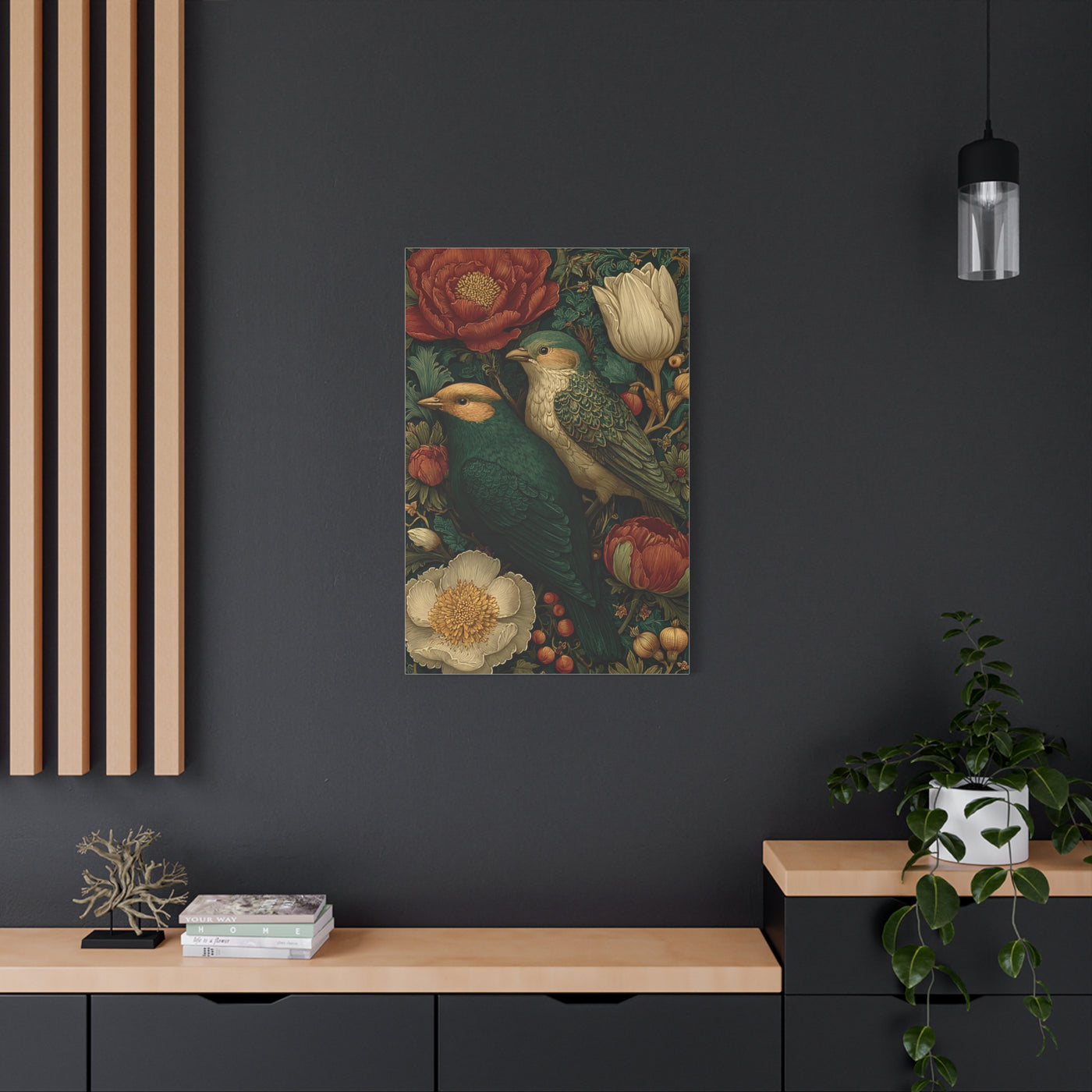 Green Botanical Songbird Pattern Wall Art & Canvas Print