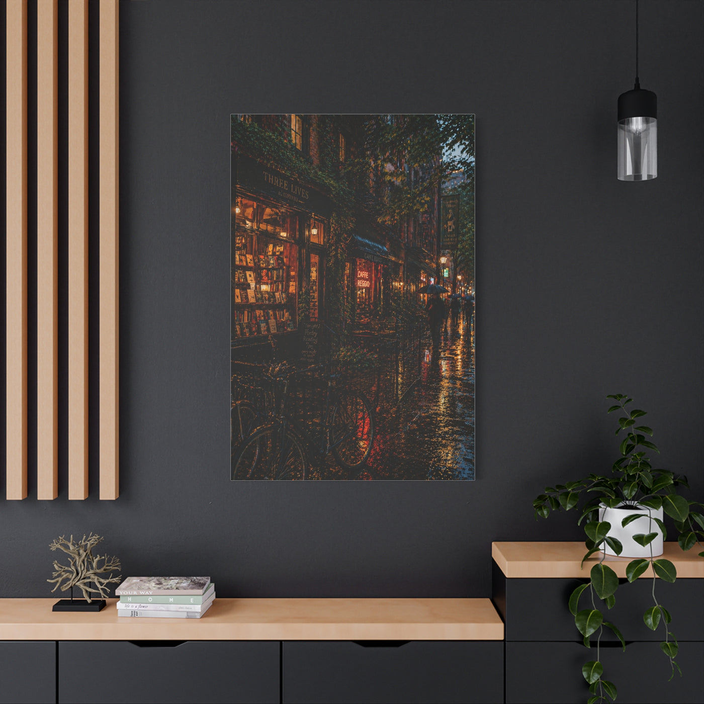 Greenwich Village Rainy Bookstore Scene Wall Art & Canvas Print