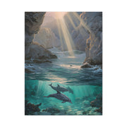 Dolphins Swimming Beneath Sunlit Coastal Waters Wall Art & Canvas Print