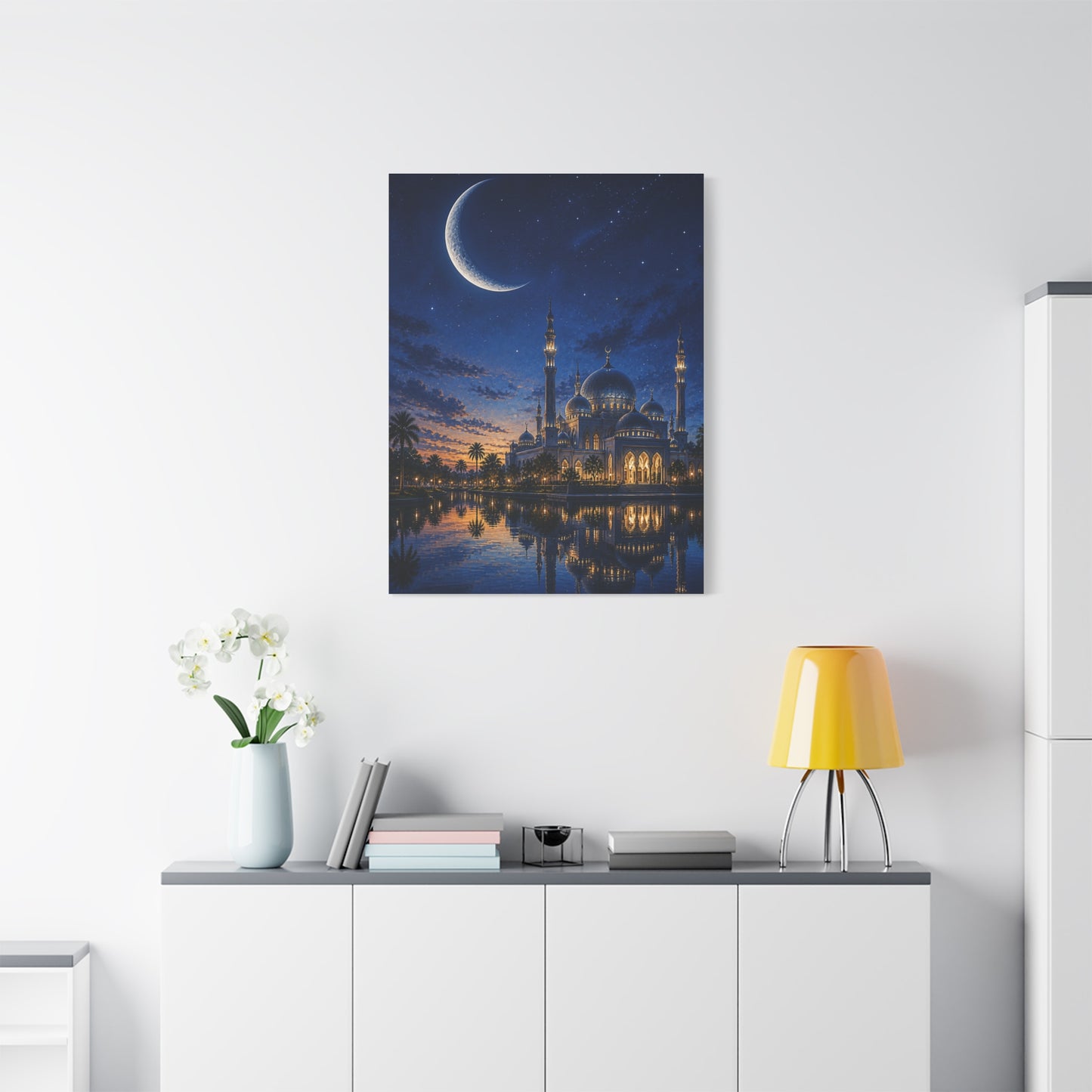 Crescent Moon Mosque Reflection Wall Art & Canvas Print