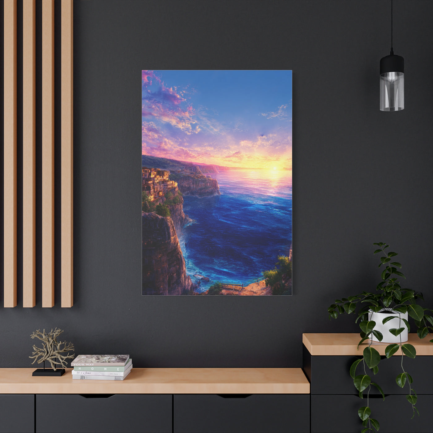 Coastal Village Cliffs at Golden Sunset Wall Art & Canvas Print