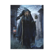 Witch with Raven at the Moonlit Cemetery Gate Wall Art & Canvas Print