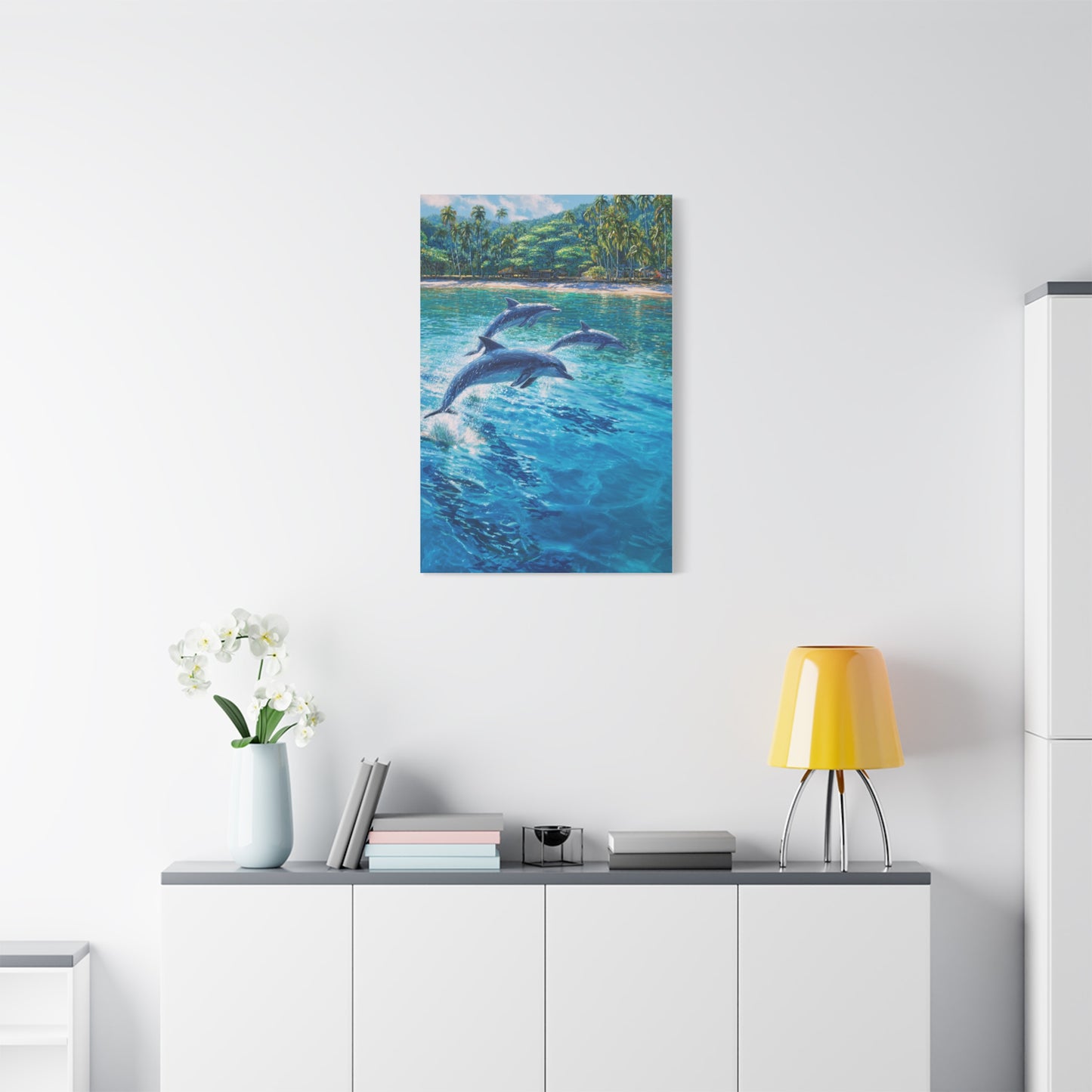 Dolphins Leaping Near Tropical Coastline Wall Art & Canvas Print