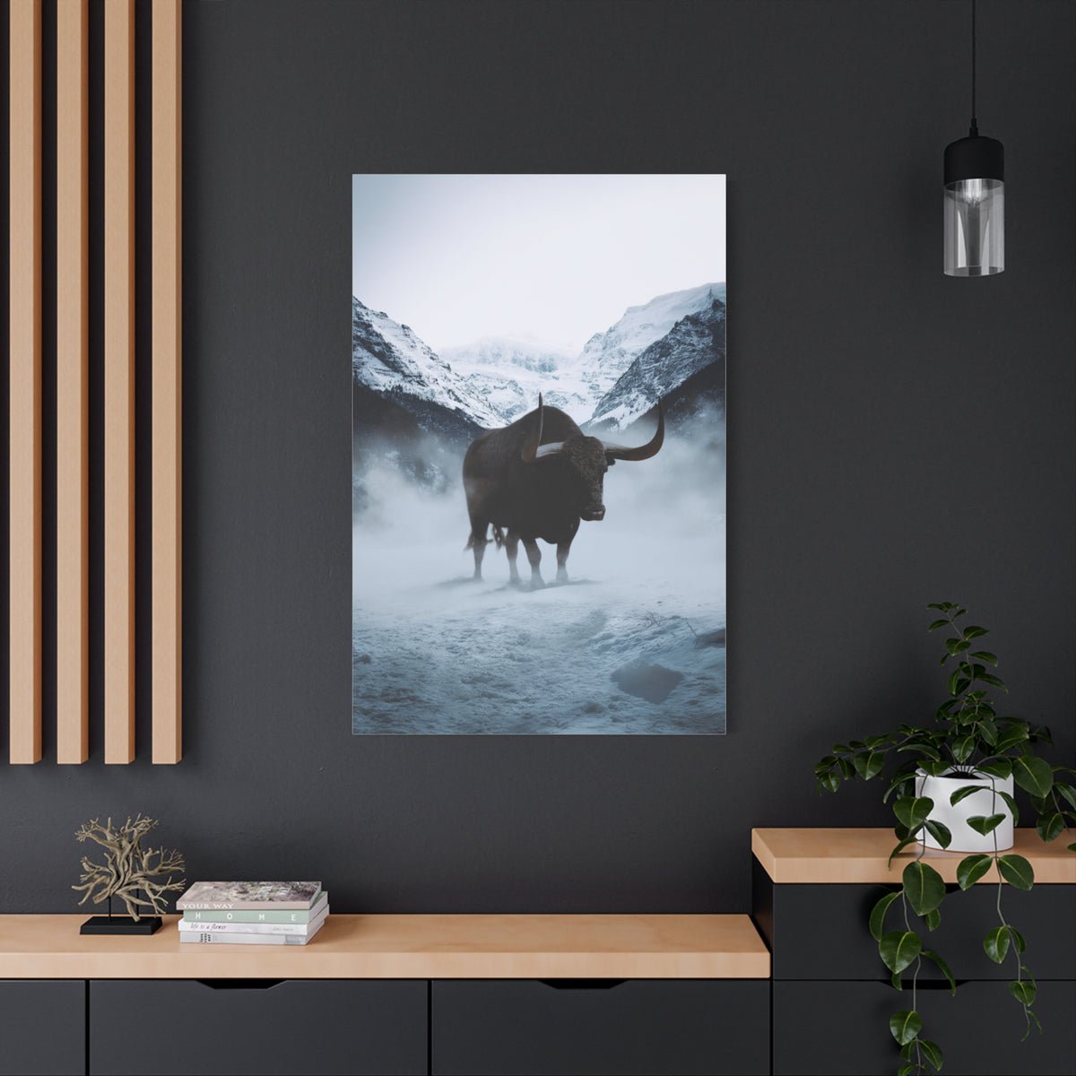 Lone Bull in Snowy Mountain Valley Wall Art & Canvas Print