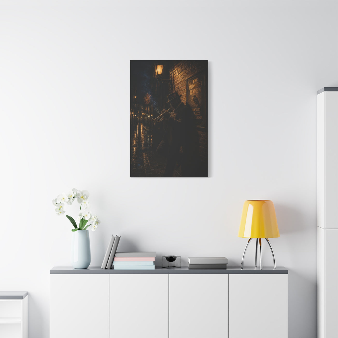 Midnight Jazz Alley Trumpeter Wall Art & Canvas Print
