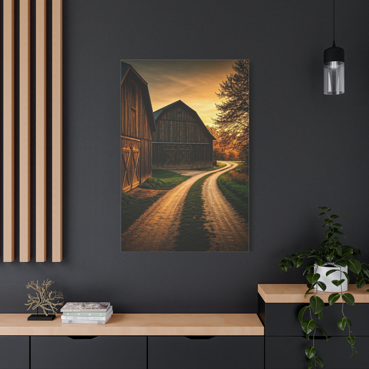 Country Road Between Rustic Barns at Golden Hour Wall Art & Canvas Prints