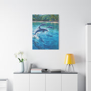 Dolphins Leaping Near Tropical Coastline Wall Art & Canvas Print