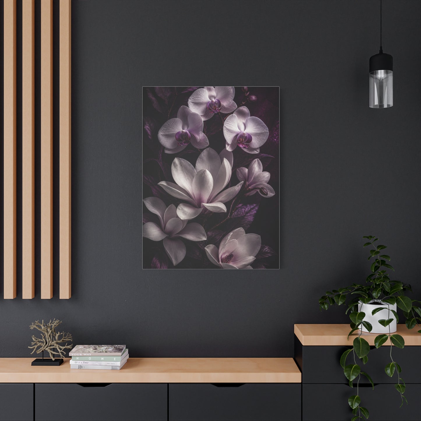 White Orchid and Magnolia Night Floral Wall Art & Canvas Print