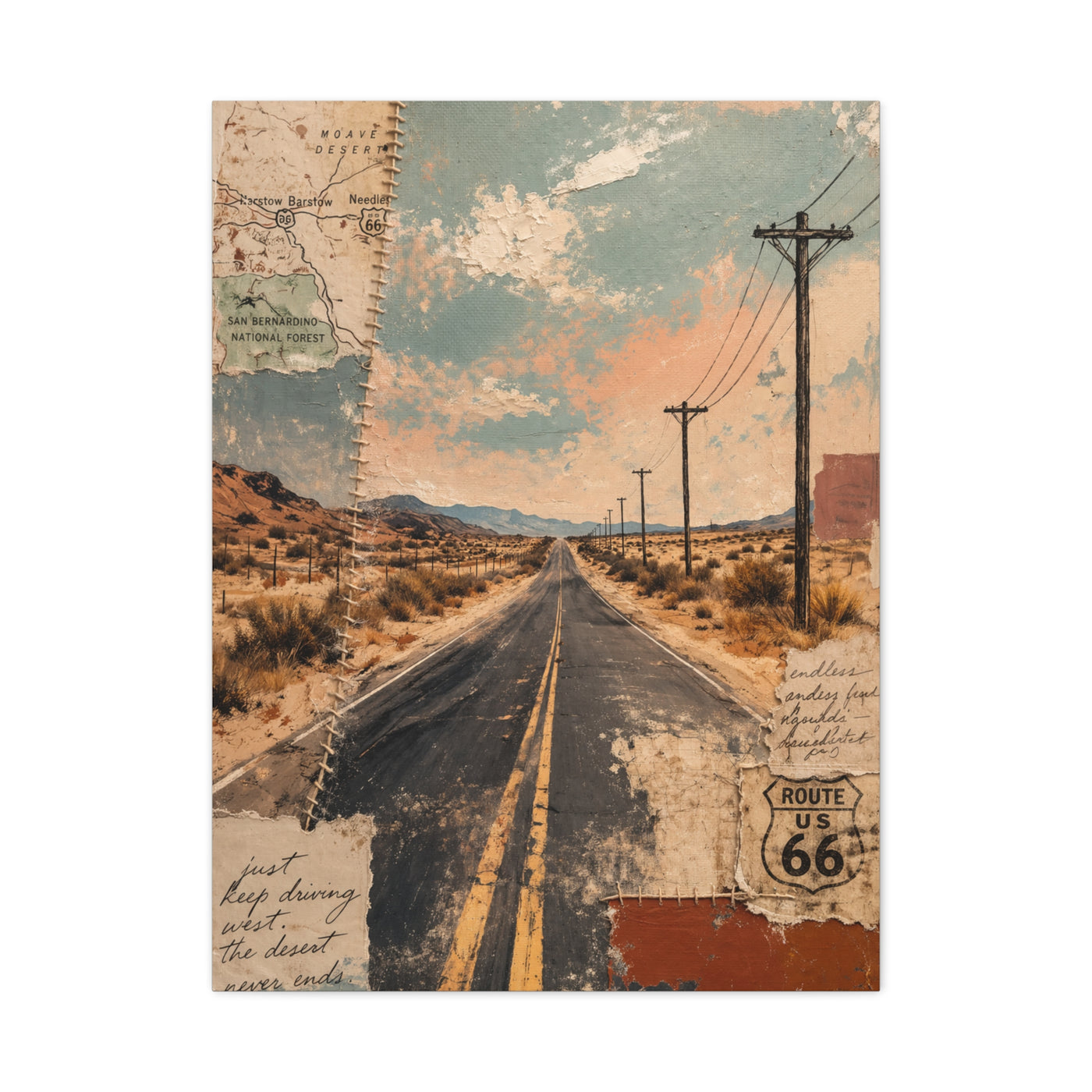 Route 66 Desert Collage Landscape Wall Art & Canvas Print
