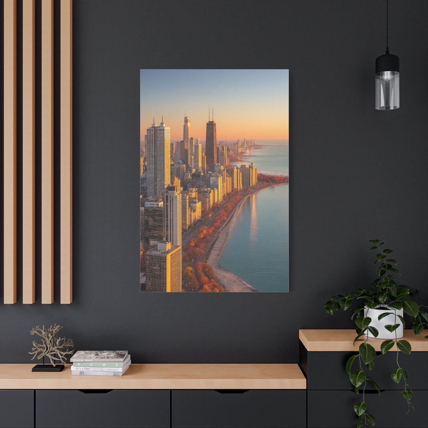 Chicago Skyline Autumn Sunset Along Lake Michigan Wall Art & Canvas Print