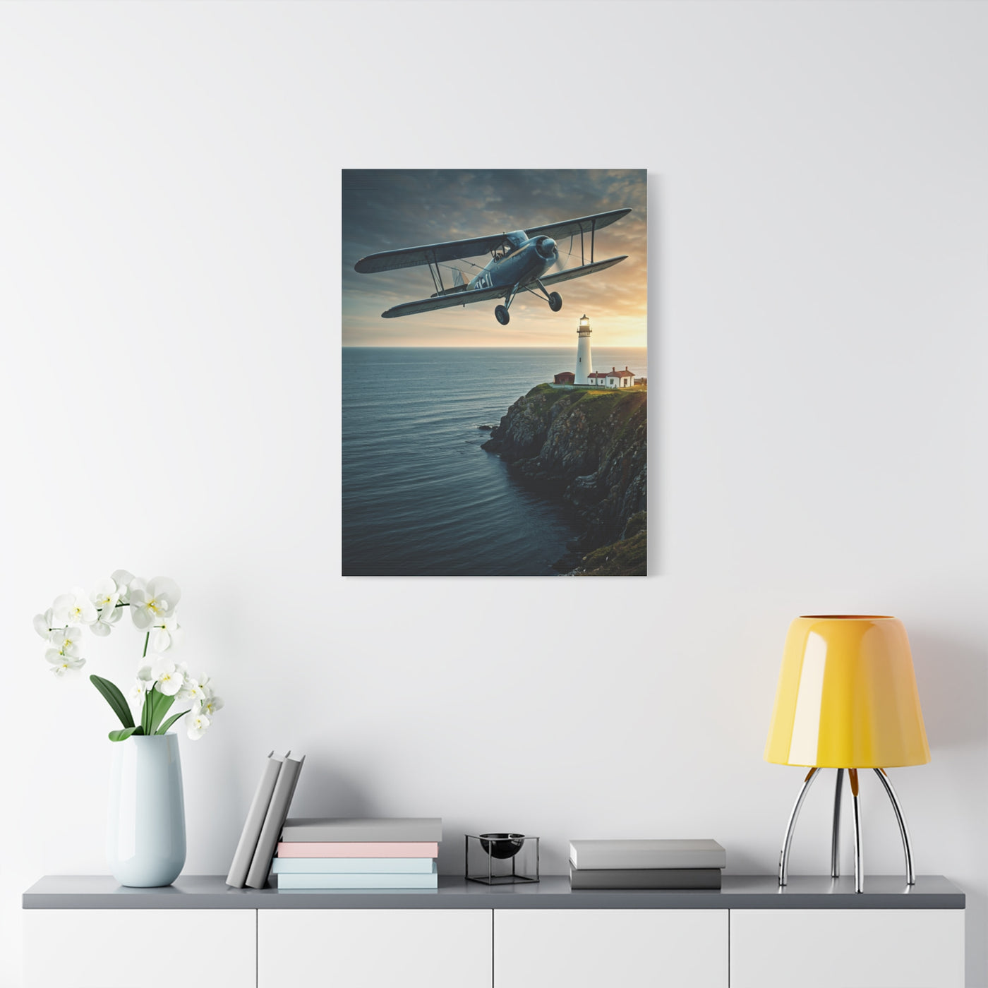 Coastal Biplane Over Lighthouse Horizon Wall Art & Canvas Prints
