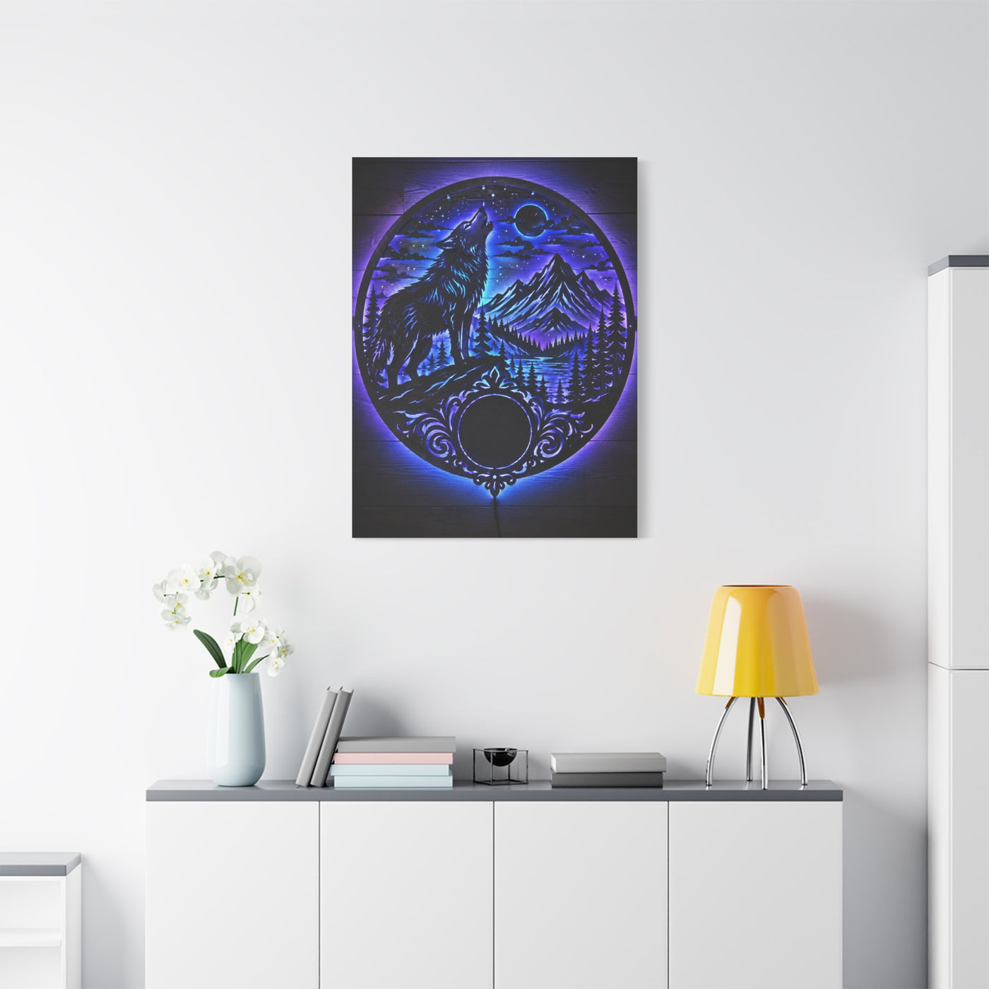 LED Mountain Wolf Night Circle Scene Wall Art & Canvas Print
