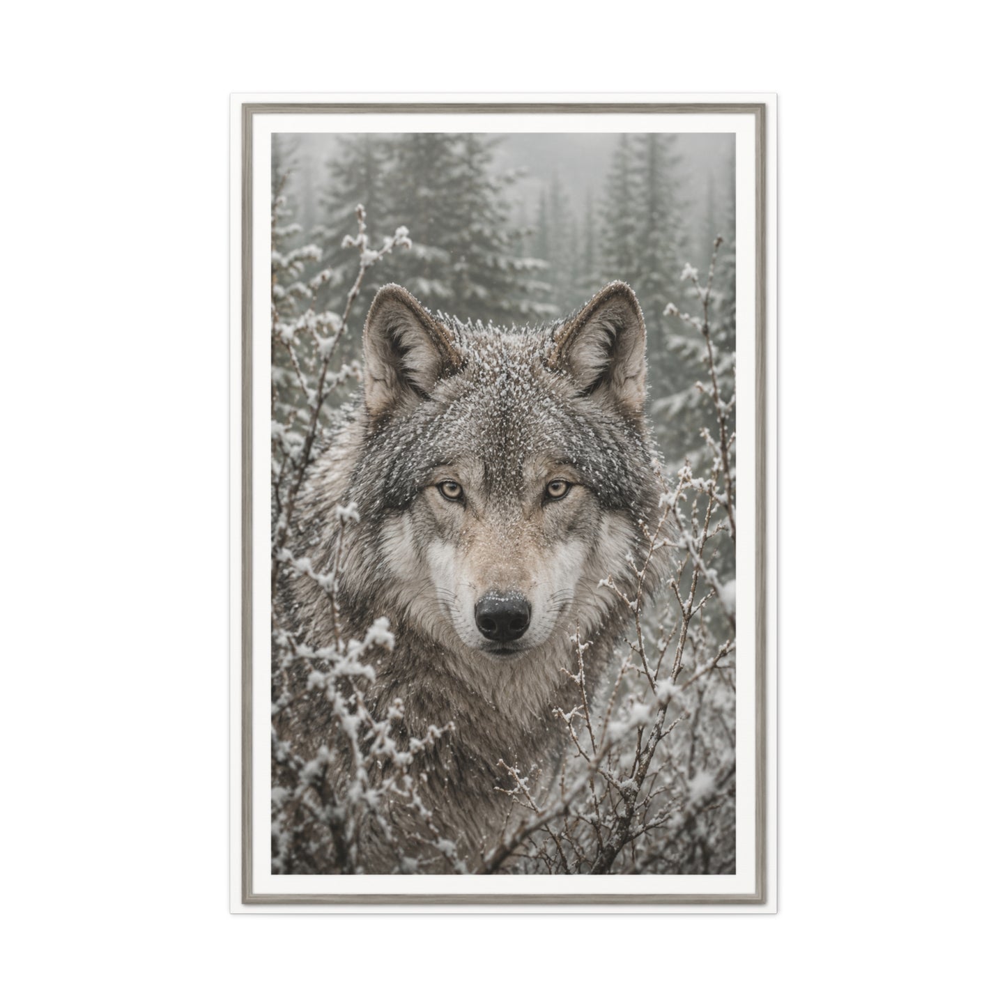 Snow Forest Gray Wolf Framed Portrait Wall Art & Canvas Print