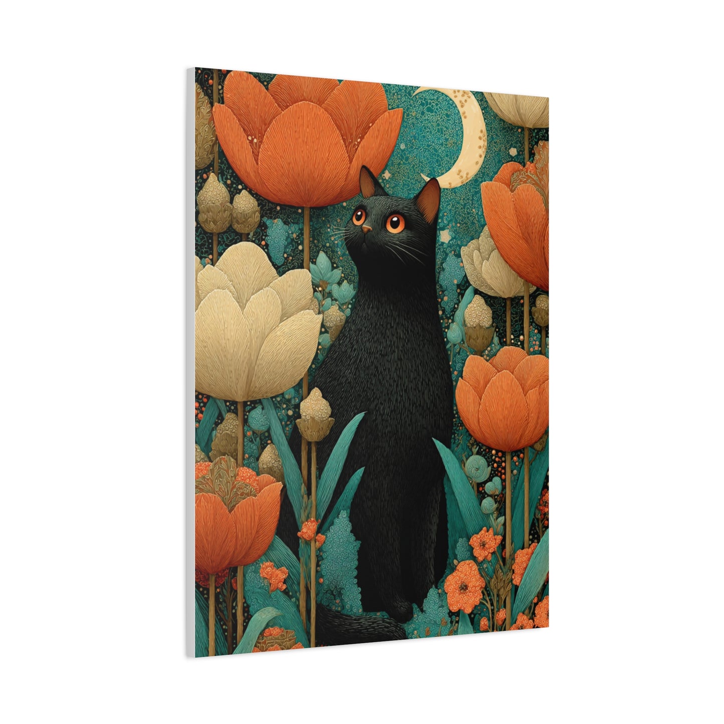 Folk Black Cat Garden Wall Art & Canvas Print
