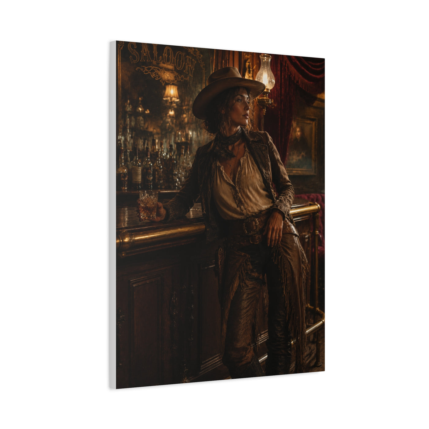 Saloon Cowgirl Cinematic Bar Scene Wall Art & Canvas Print
