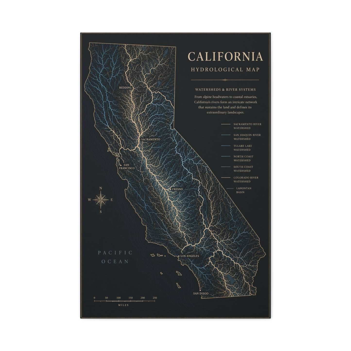 California Hydrological Watershed Map Wall Art & Canvas Print