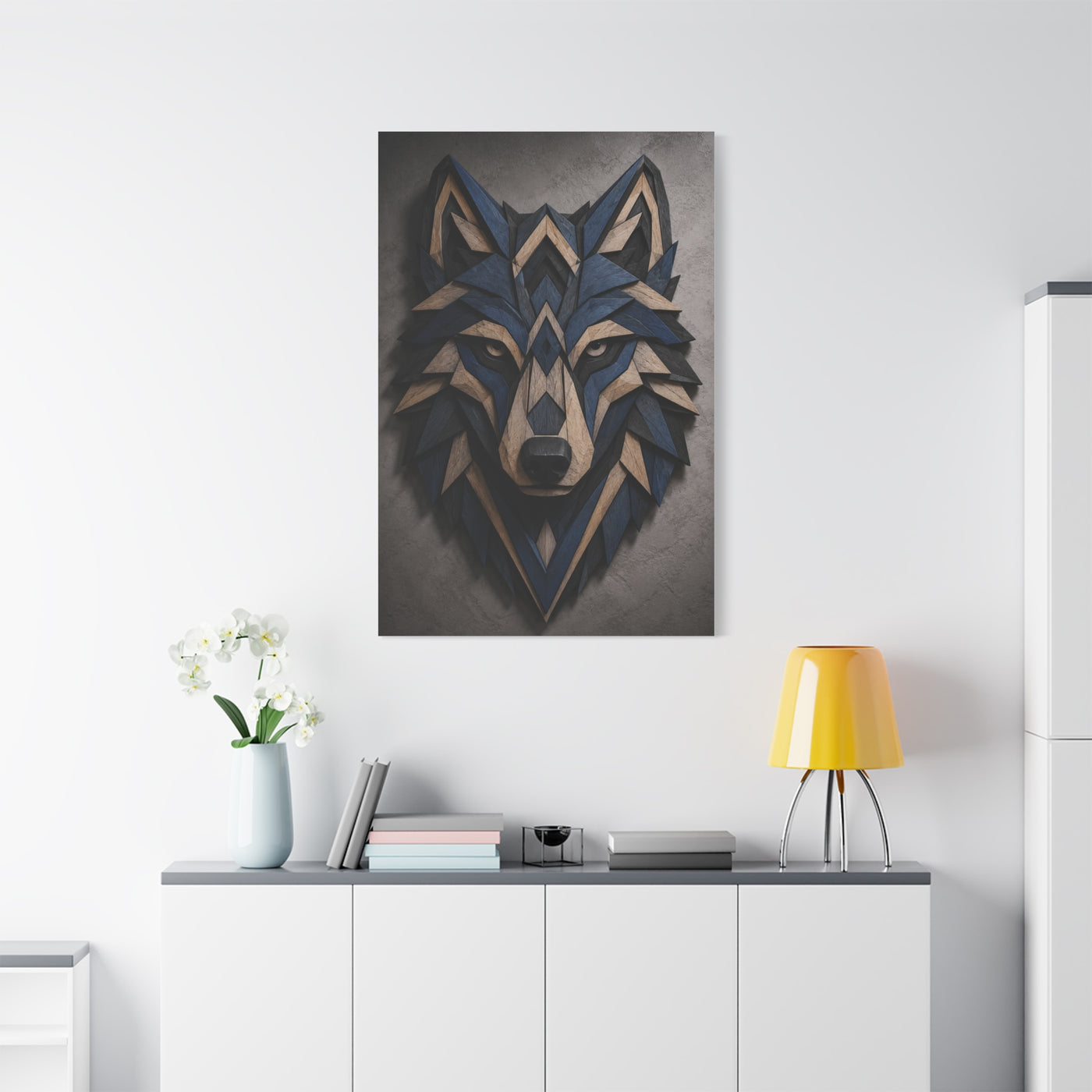 Layered Blue Geometric Wolf Head Sculpture Wall Art & Canvas Print